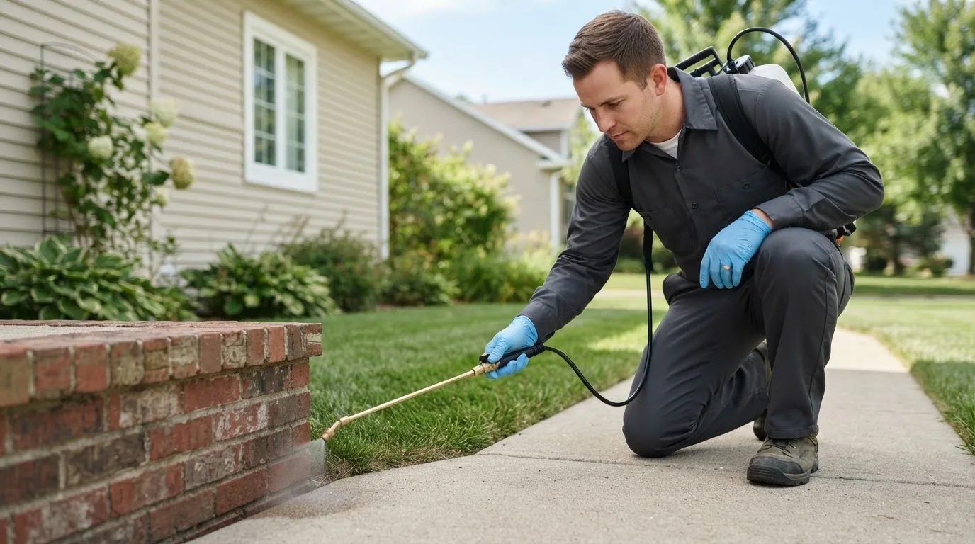 Pest control technician treating a home near Chaplin, CT